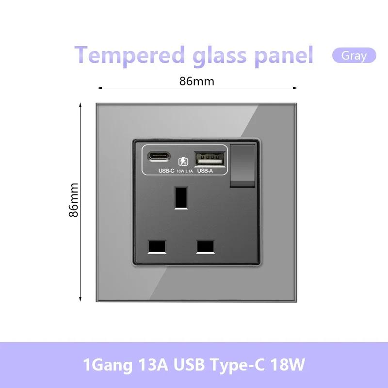 UK 13A 220V Dual Outlet with 18W Type-C Quick Charge,1/2 Way Light Switch Panel, Tempered Glass Surface,Wall Socket for TV/Phone