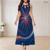 Women Plus Size Round Neck Triple Keyhole Sleeveless Firework Printed Navy Blue Long Dress