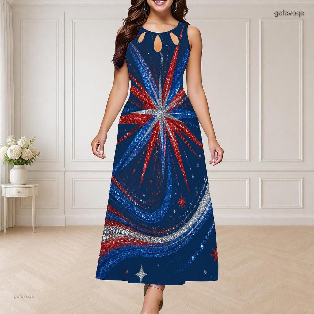 Women Plus Size Round Neck Triple Keyhole Sleeveless Firework Printed Navy Blue Long Dress