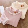 Girls' Autumn Winter Velvet Lace Turtleneck Knit T-Shirt Girls' Winter Bottoming Shirt Children's Plus Velvet Half Turtleneck