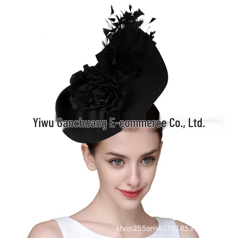 Elegant Straw Exaggerated Top Hat with Flowers & Feathers Headband Hair Accessory