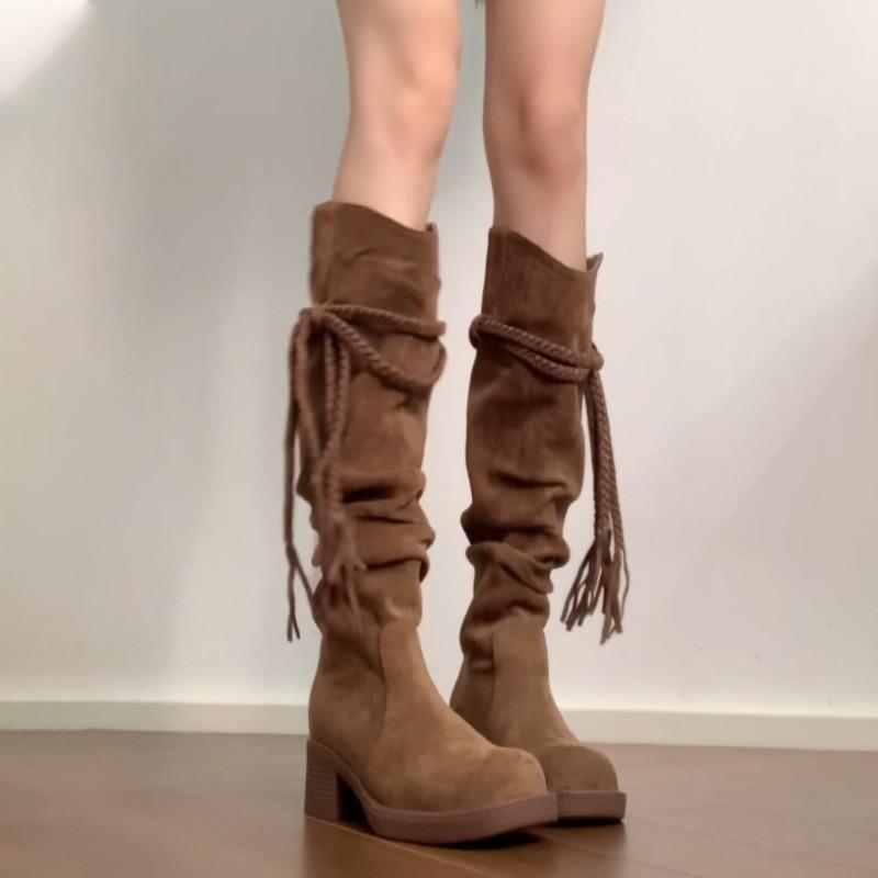Cowhide version~ thick-soled boots, waste retro style knight boots, women's genuine leather frosted fringed hemp rope thick heel medium boots