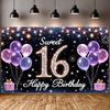 16th Birthday Display Heart Accent Sweet 16 Banner Backdrop Golden Number Sweet Celebration Display For Photo Backdrop Birthday