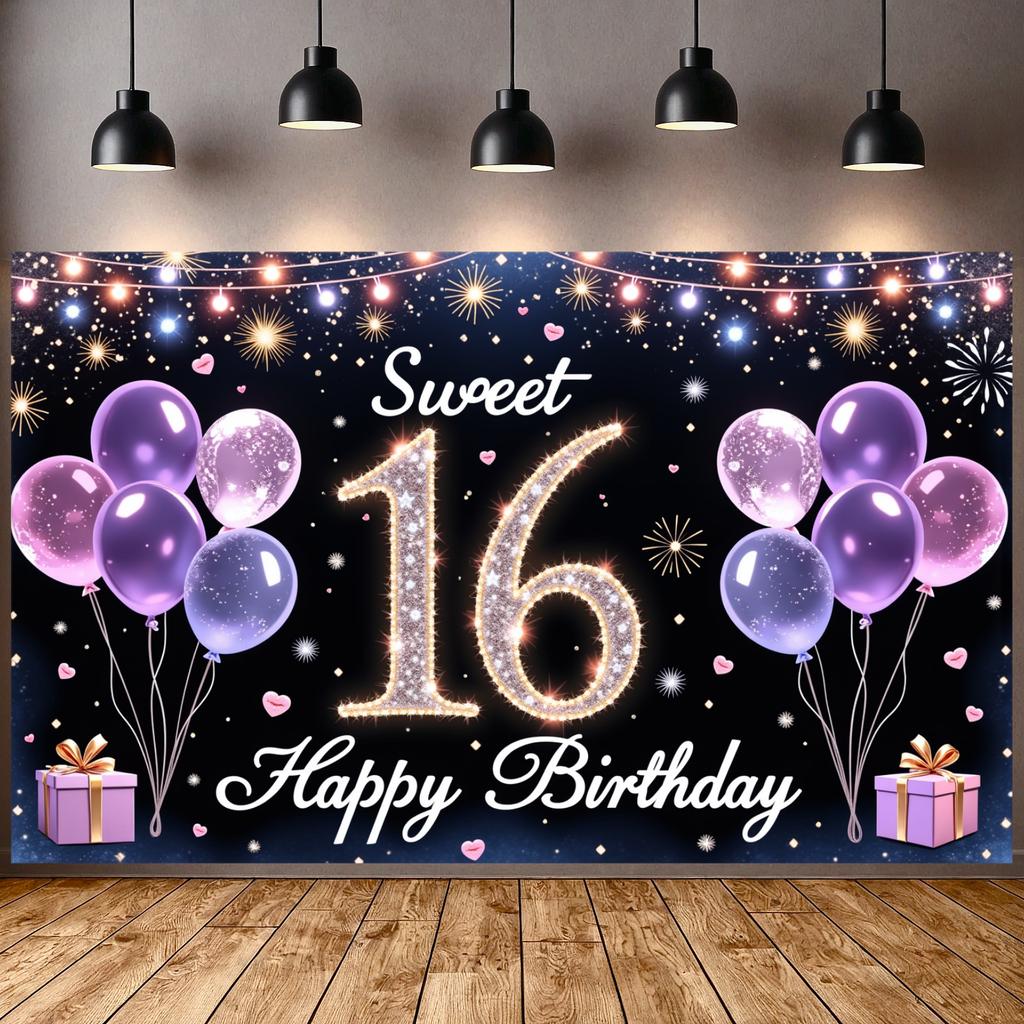 16th Birthday Display Heart Accent Sweet 16 Banner Backdrop Golden Number Sweet Celebration Display For Photo Backdrop Birthday