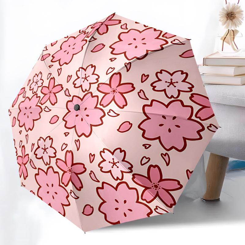 1pc Cherry Blossom Pattern Automatic Umbrella - Stylish, Durable, with 8-Rib Manual Open Design, Elegant Black Handleyy250920132