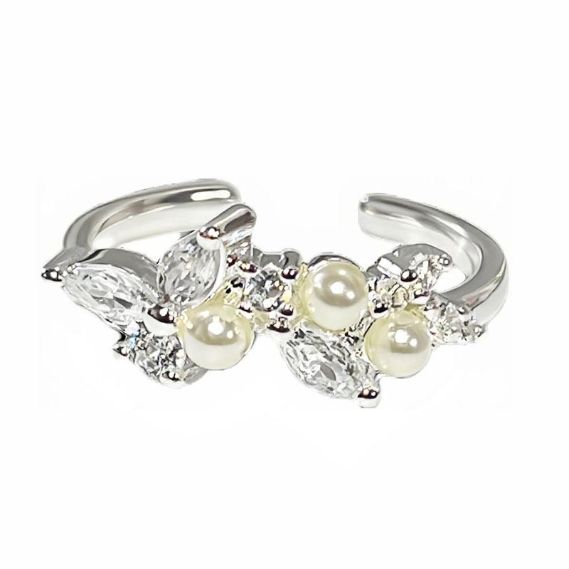 French Gentle Wind Internet Celebrity Pearl Bow New Full Diamond Light Luxury Ring Women's Unique Niche High Sense Ring