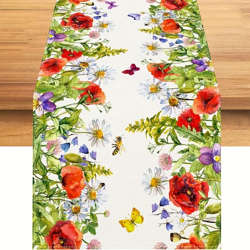 Chemin de table en lin imprimé papillons floraux colorés Décoration de fête Printemps Fermette Fleurs aquarelles Chemins de table Décoration de mariage 150x33cm