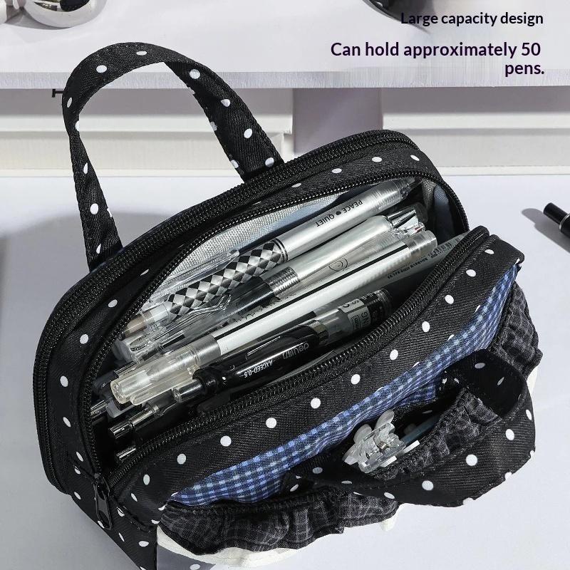 Breathable Plaid Polka Dot Lace Pencil Case Large Capacity Multi Compartment Clear Itabag for Student School Supplies