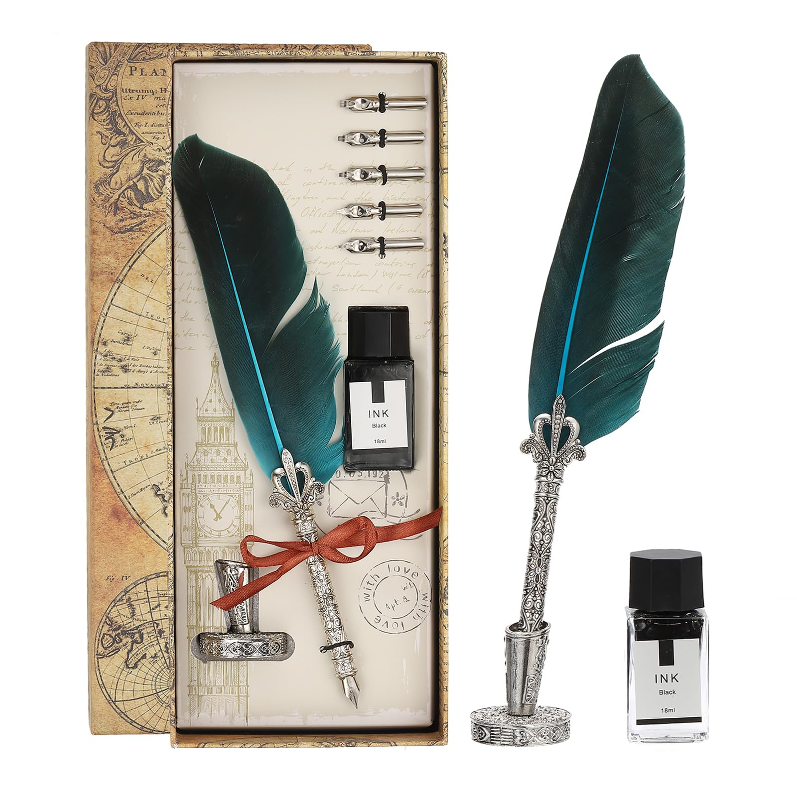 

PATIKIL Carved Quill Pen Vintage Quill Pen and Ink Set with 5 Replacement Nib Stand Calligraphy Writing Dip Pen Wedding Lake Blue 26cm/11 Set, Bases,