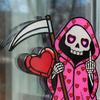 Love You To Die Grim Reaper Window Corner Sticker Vintage Pink Grim Reaper Decal for Windows Walls Bedroom Coffee Shop Decor