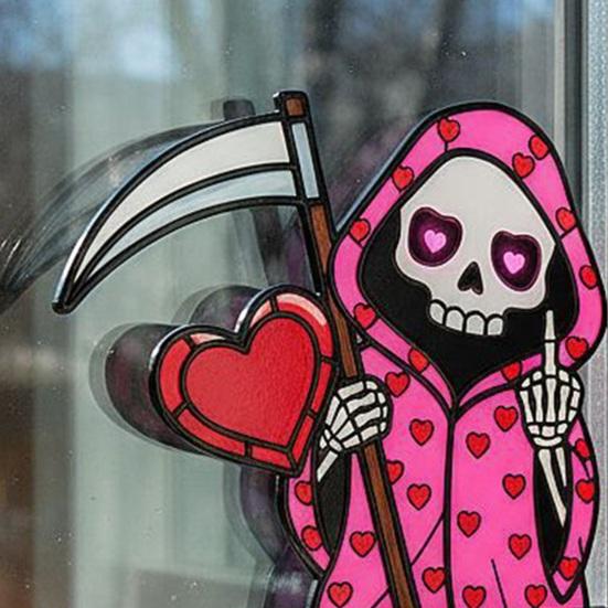 Love You To Die Grim Reaper Window Corner Sticker Vintage Pink Grim Reaper Decal for Windows Walls Bedroom Coffee Shop Decor
