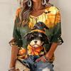 Women's Halloween Print Round Neck Tie Front Ruffle Blouse Three-Quarter Sleeve Top
