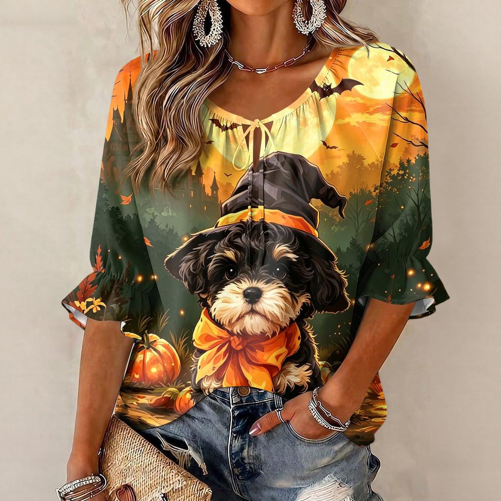 Women's Halloween Print Round Neck Tie Front Ruffle Blouse Three-Quarter Sleeve Top