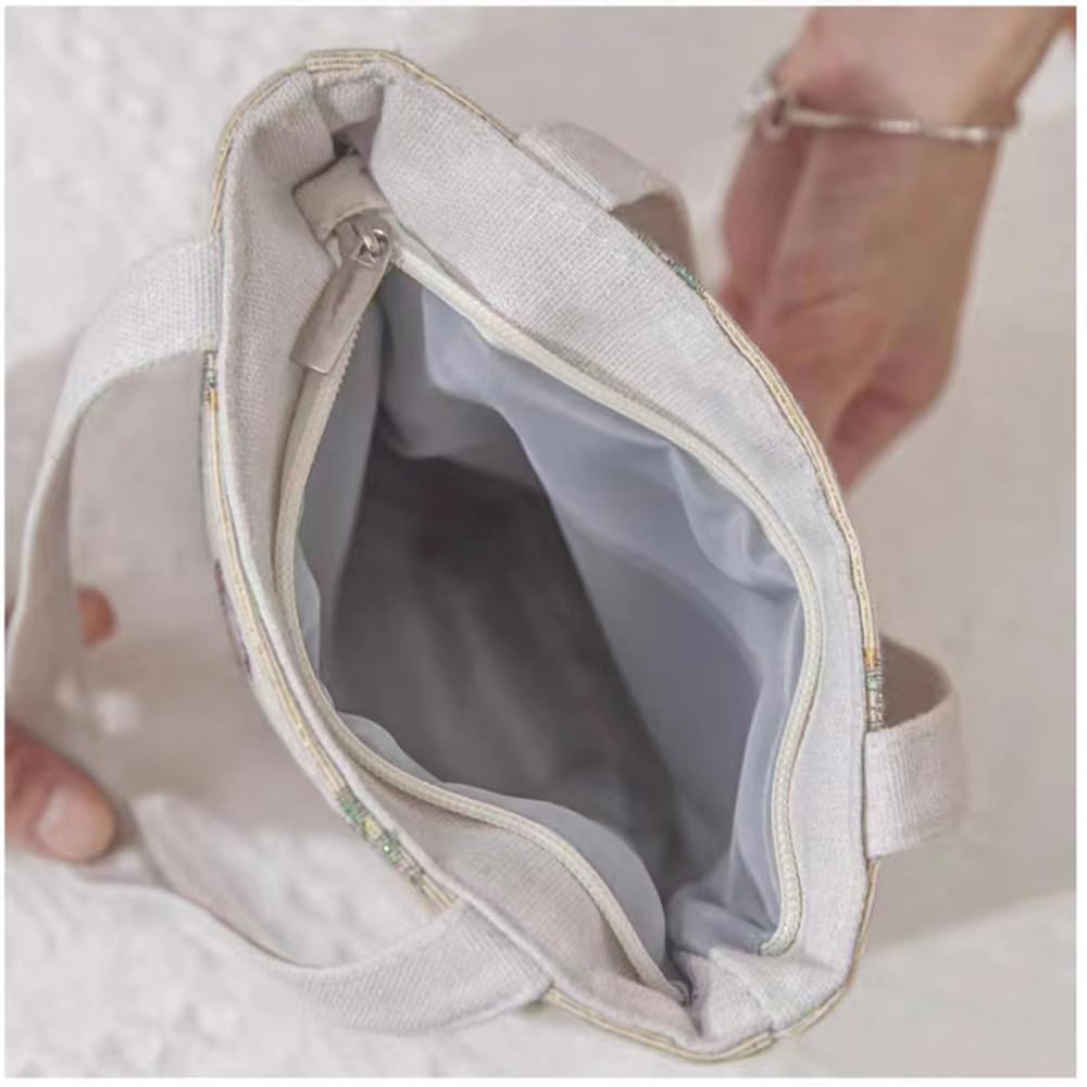 Aadahai Canvas Handbag, Fabric Tote Bag, Cotton-Linen Tribal Style Storage Bag with Double-Sided Embroidery and Coin Purse (White)