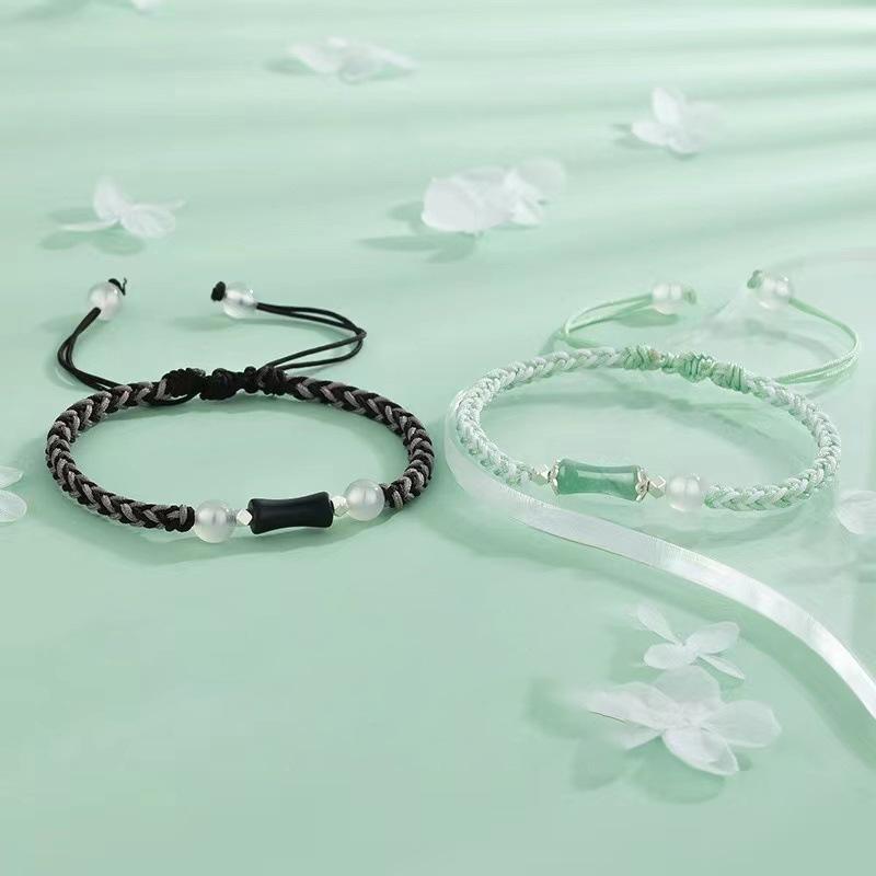 Agate green jade hand-woven bamboo bracelet female Internet celebrity with the same couple hand rope niche simple jewelry