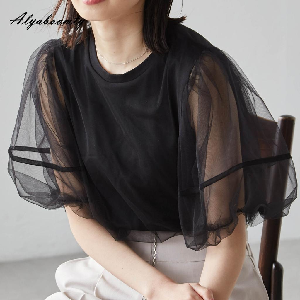 Koreanische Mode Sommer Damen Streetwear Oberteil Kurzes Rundhals Schwarz Weiß T-Shirt Laternenärmel Mesh Patchwork Damen T-Shirt