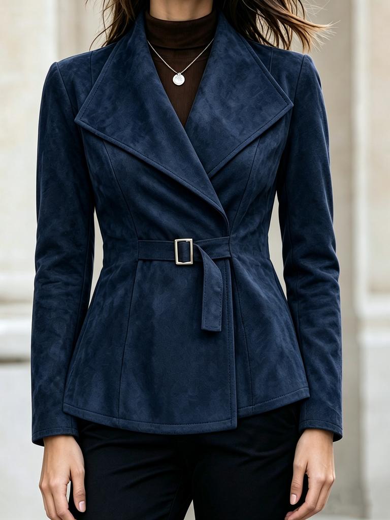 Women's Faux Suede Lapel Collar Belted Wrap Jacket Multi Color Casual Long Sleeve Fitted Coat