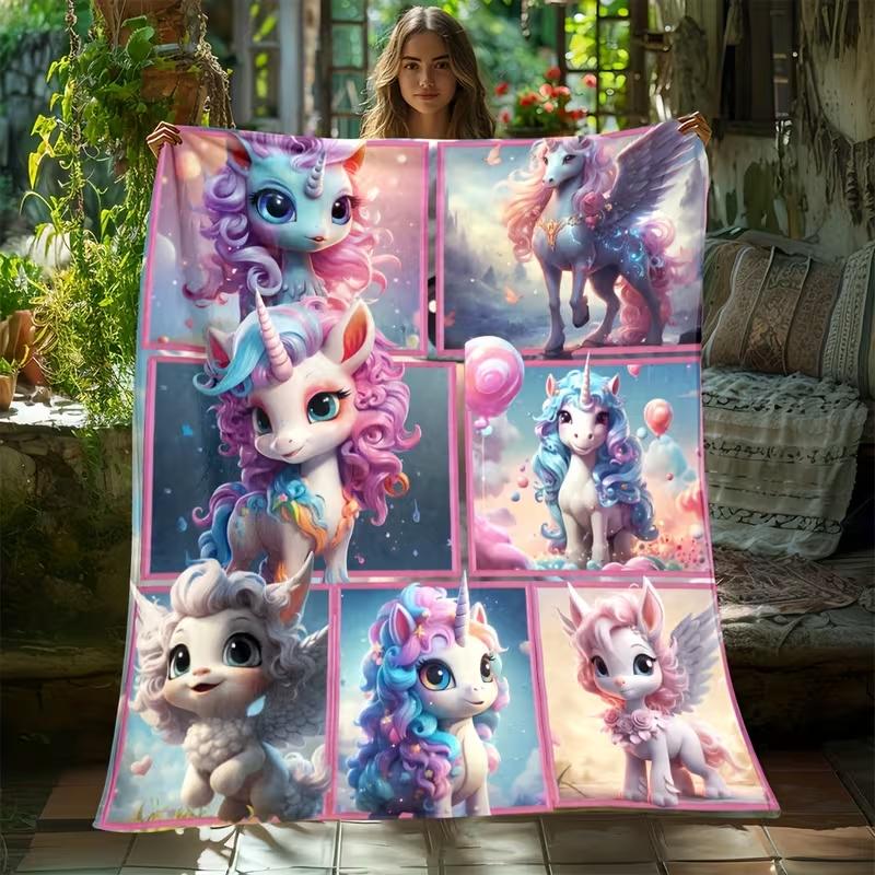 Cozy Fantasy Unicorn Print Blanket Throw For Sofa, Bed, Travel, Camping, Living Room Chair, And Bed - Digital Printing Blanket