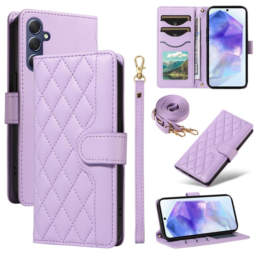 For Samsung Galaxy A55 5G Case Wallet Rhombus Leather Phone Cover with Shoulder Strap,Wrist Strap