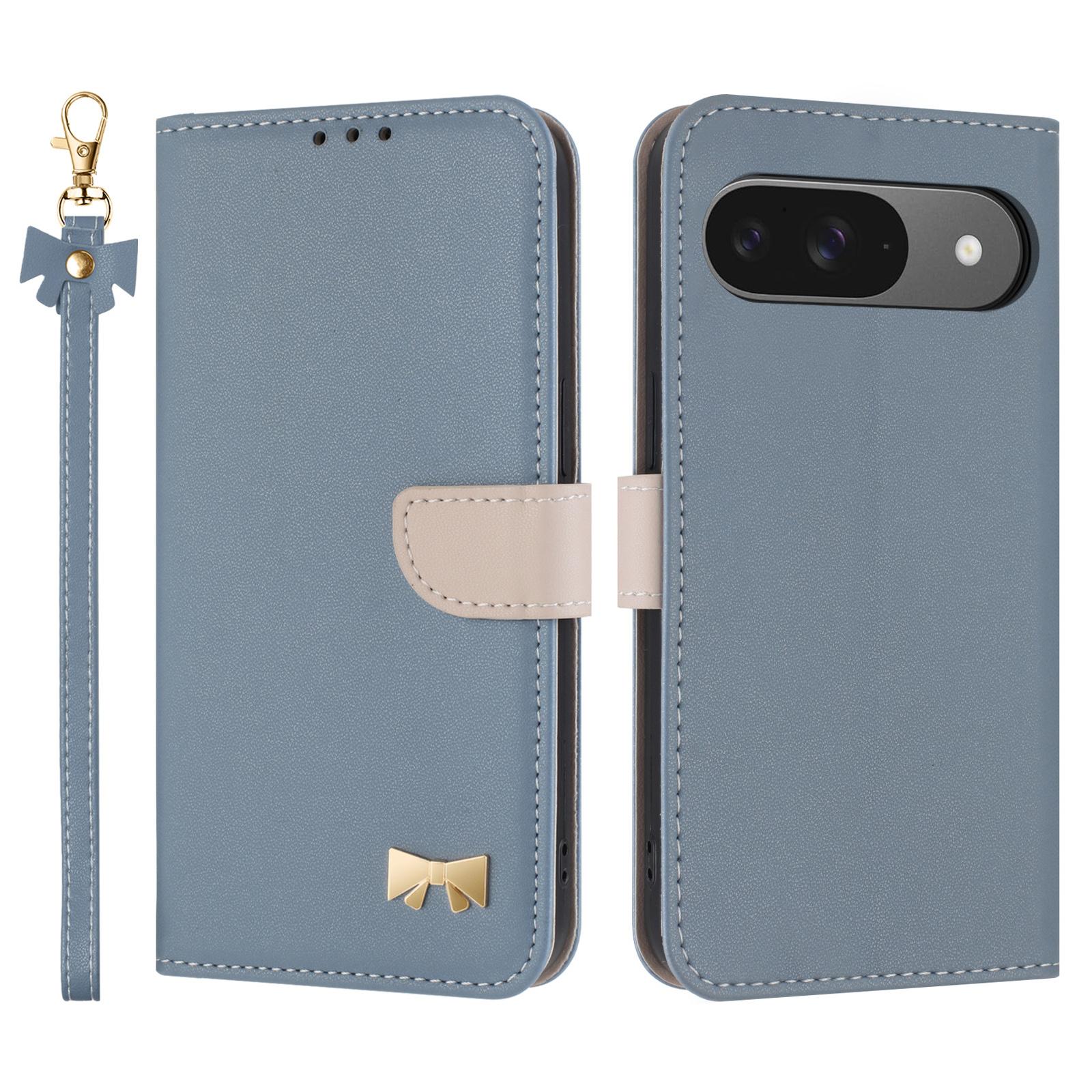 

Phone Case For Google Pixel 10/10 Pro/9/9 Pro Bowknot Decor Wallet Leather Cover with Wrist Strap Baby Blue