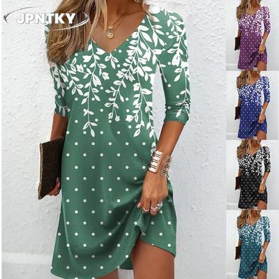 JPNTKY Fashion Autumn Winter  Long Sleeve V-Neck Casual Dresses