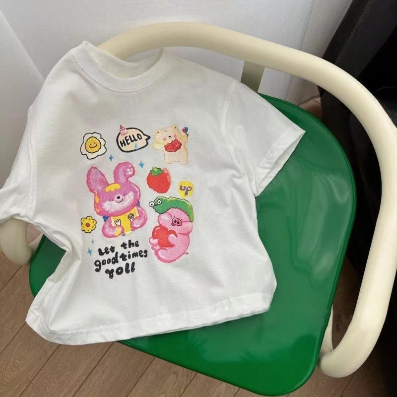 Girls Summer Cotton Short Sleeve T Shirt Korean Loose Round Neck Top Baby Kids Solid Print Tee