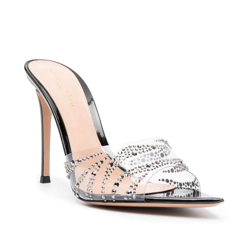 Customized Summer European and American Style Fashionable Transparent Rhinestone High-heeled Slippers Thin Heel Pointed One Pedal High-heeled Sandals