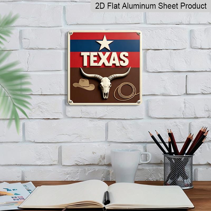 2D Flat- 1pc, Vintage Square Aluminum Sign with Longhorn Skull and Rope Elements, Themed Decoration Patio or Study, Rustic Display