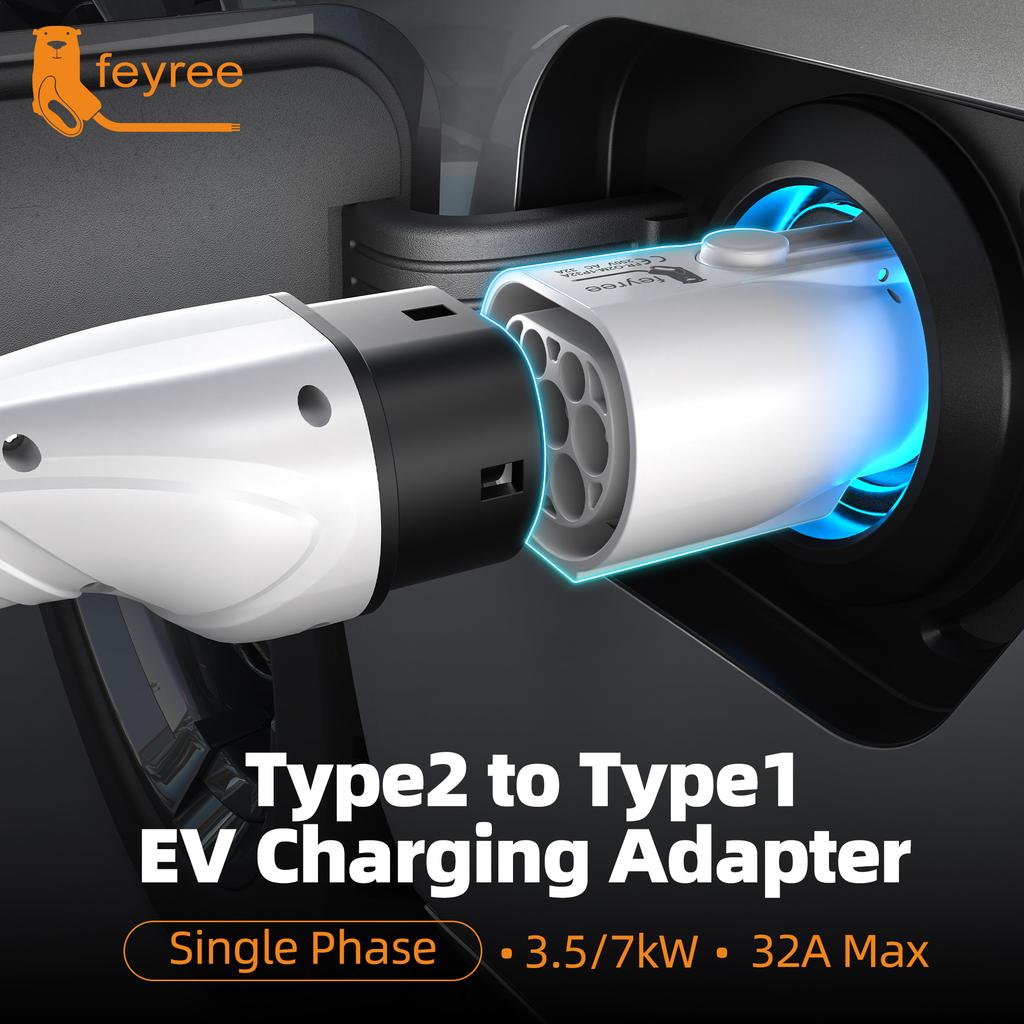 Feyree EV Charger Adapter Type2 to Type1 Car Charging Socket AC Charger Adapter 32A 1Phase 3.5KW 7KW Max for Electric Car