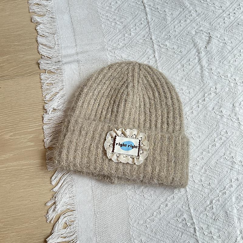Big Head Circumference Patch Lace Knitted Wool Hat Women's Year Autumn and Winter Face Small Versatile Hat Ear Protection Cold Hat