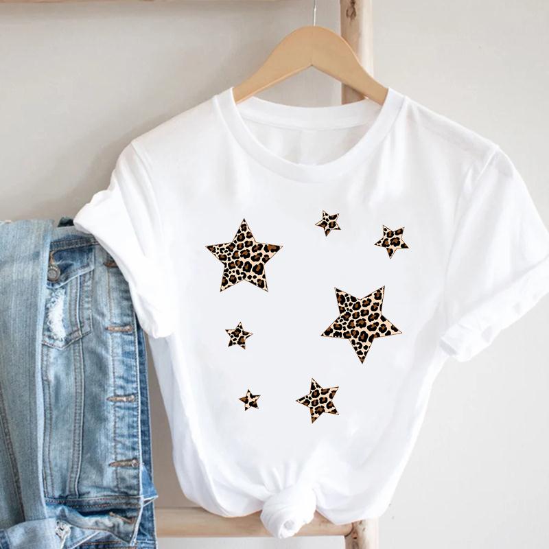 90s Star Leopard  Spring Tee Top Summer Fashion Women Print T-shirt Lady Female Clothing Casual Short Sleeve Graphic T-shirt