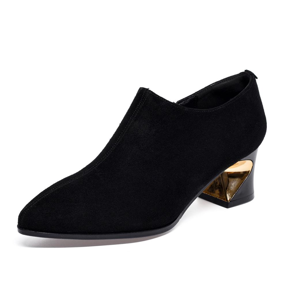 Spitze High Heels Damen Frühling neu schlichtes Temperament schwarz tiefer Ausschnitt Einzelne Schuhe Mode dicker Absatz Knöchelschuhe