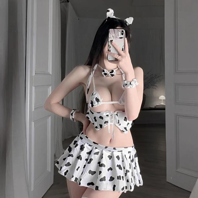 Lolita Cow Girl Sexy Lingerie Corset Women Cows Cosplay Costume Print Japanese Maid Uniform Tempatation Underwear Mini Skirt Set