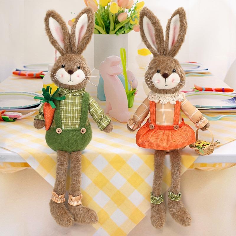 Easter Bunny Figurine Holding Flower Basket and Carrot Creative Cute Rabbit Statue Spring Farmhouse Home Table Decor Ornament
