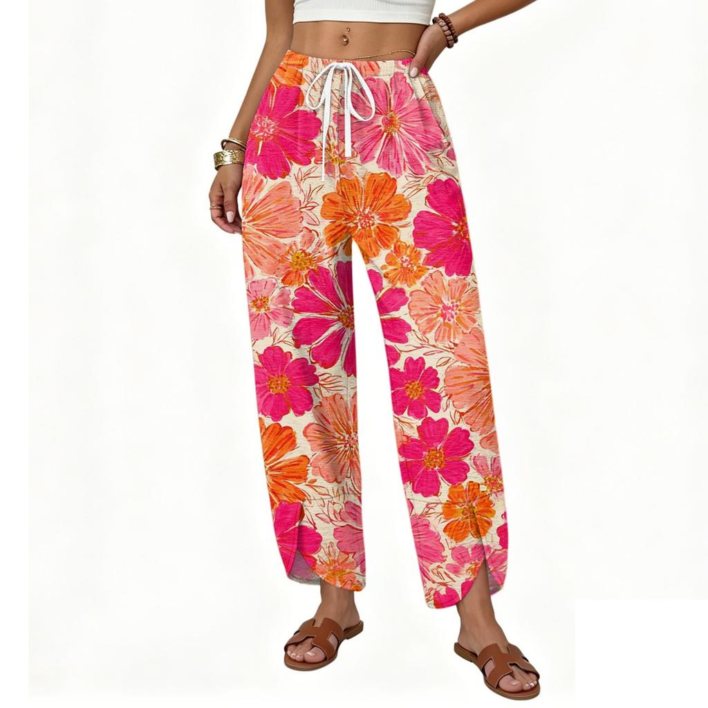 Women Casual Straight Leg Wide Leg Loose Fit Drawstring Floral Print Pants Lightweight Comfortable Trousers for Daily Wear