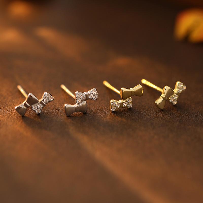 925 Sterling Silver Mini Cute Zircon Bow Earrings for Women Simple Exquisite Student Ear Accessories