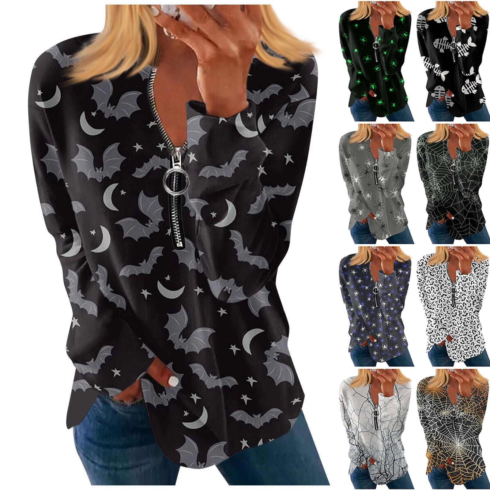 

Long Sleeve Zipper Shirts For Women Print Graphic Tees Blouses Casual Tops Pullover