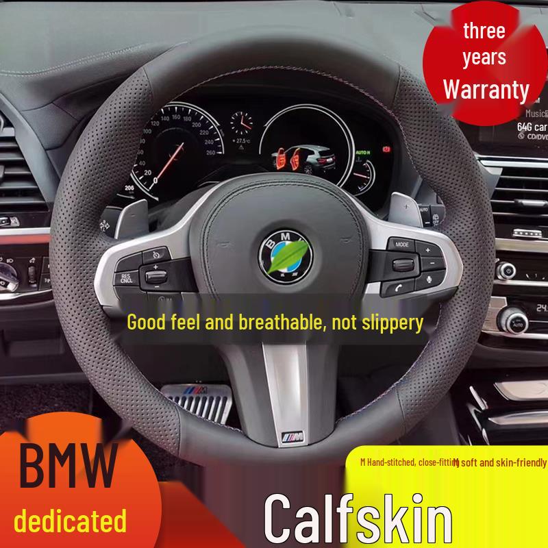Hand-Stitched Genuine Leather Steering Wheel Cover for BMW X1-X6, 1-6 Series, and GTM3
