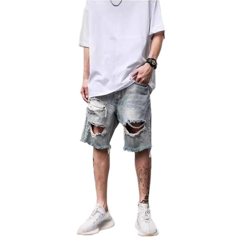 Pantaloni scurți din denim rupti, stil american, la modă, pentru bărbați - croială subțire și lejeră, lungime medie