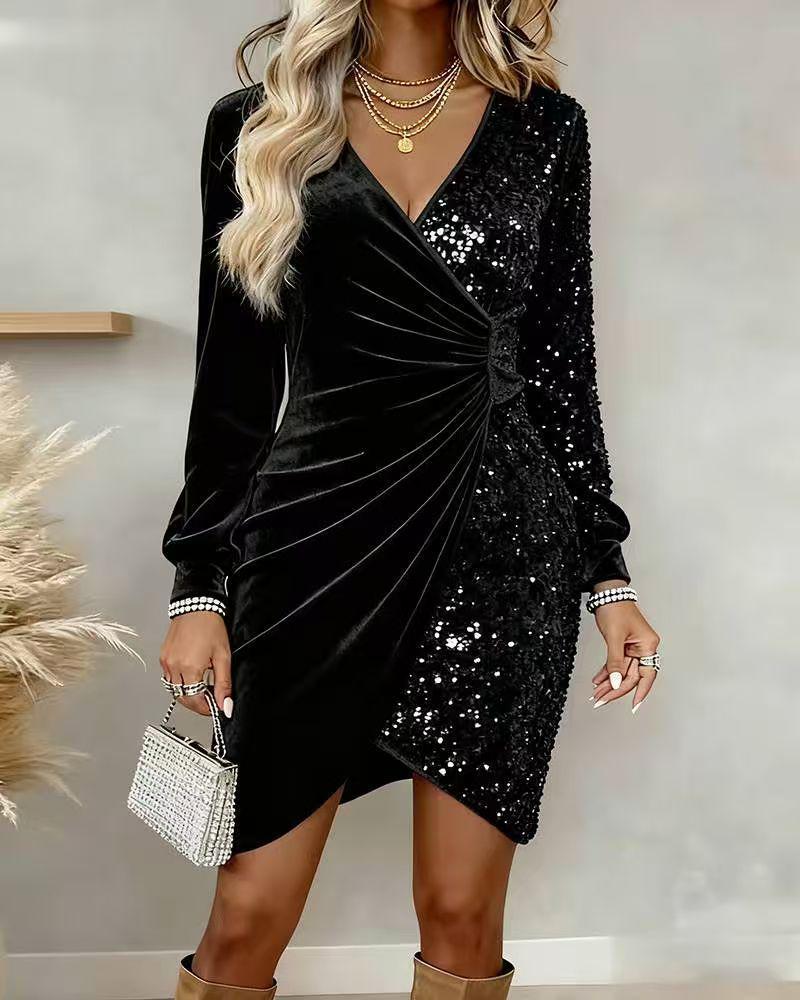 

2025 Glamorous V-neck Sequin Velvet Slim Fit Dress M чорний