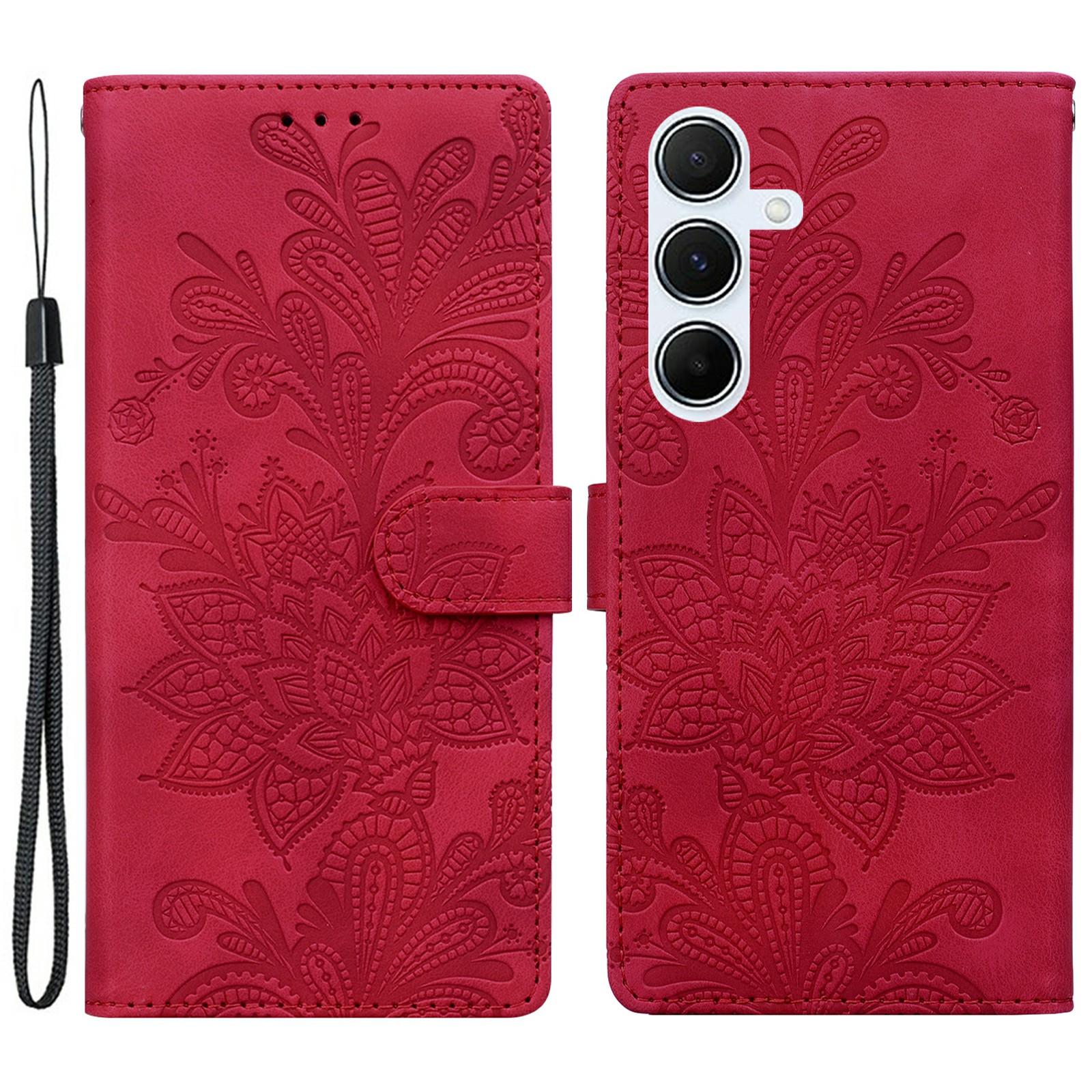 

For Samsung Galaxy A25 5G (Global) (161.0 x 76.5 x 8.3mm) Case Imprinted Lace Flowers PU Leather Wallet Phone Cover Red