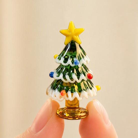 Collectable Glass Table Decor Handmade Mini Christmas Tree Figurine, Blown Tabletop Ornament with Solid Craftsmanship Pieces Star Topper, Desktop for