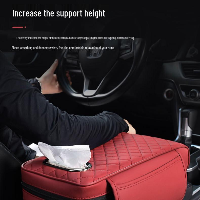 Nappa Leather Diamond-Embroidered Car Armrest Pad with Tissue Storage