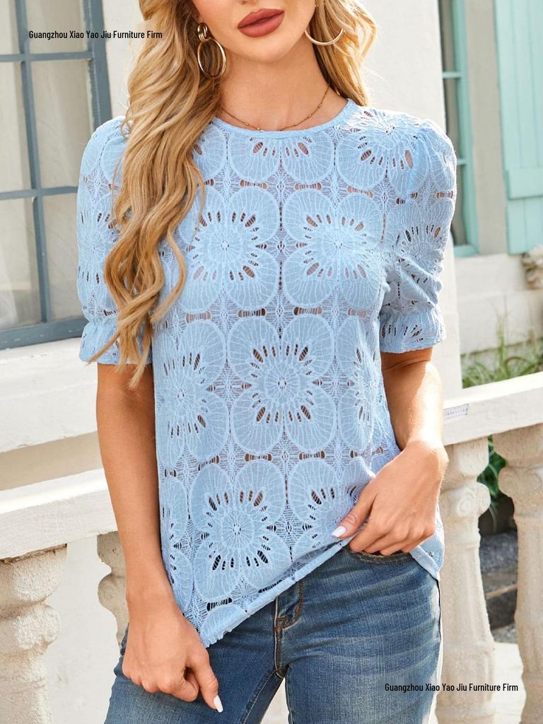 European American Women's Summer Lace Puff Sleeve Top TK2026