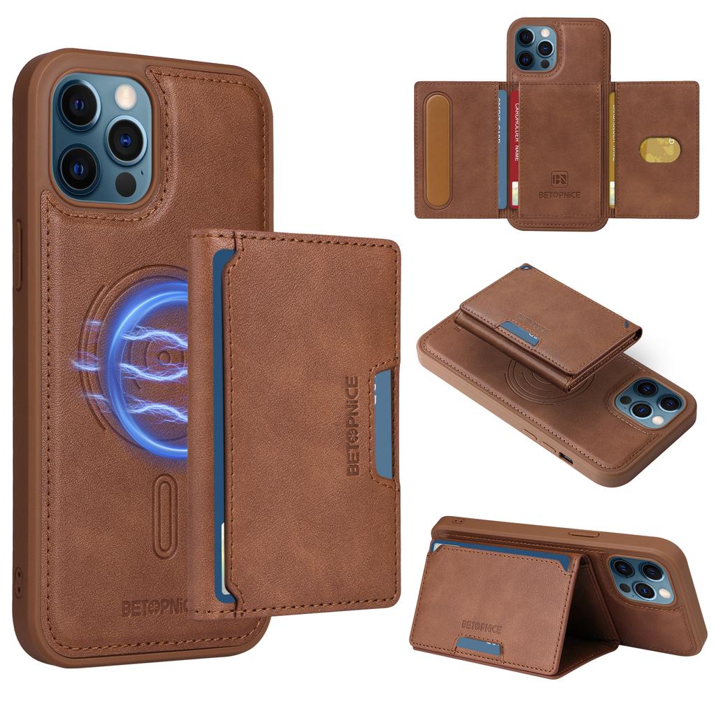 For iPhone 12 Pro Max 6.7 Inch Magnetic Case BETOPNICE Leather Phone Cover Kickstand with Detachable Card Bag