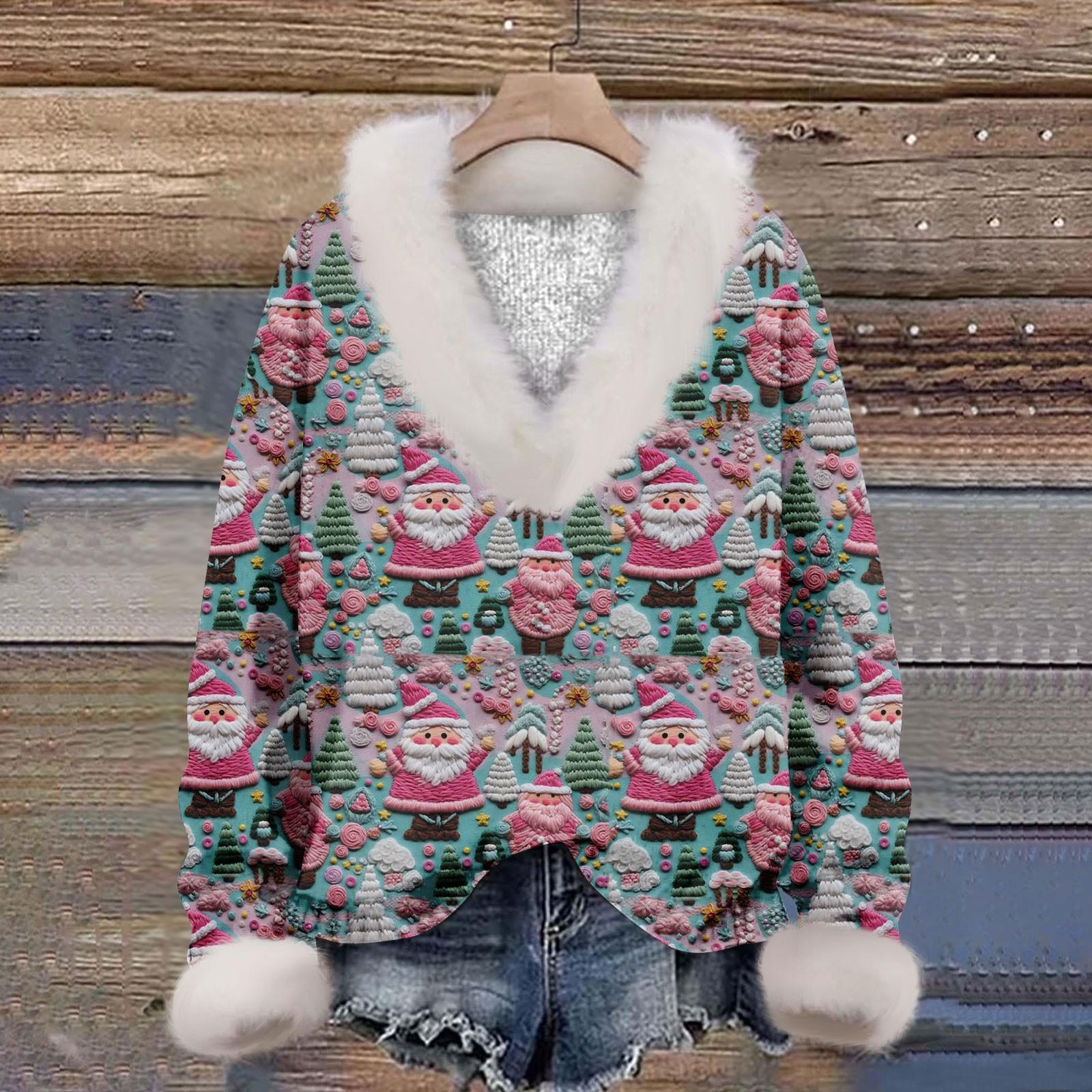 

Женская мода повседневный рождественский принт с длинным рукавом и V-образным вырезом пуловер для волос XL