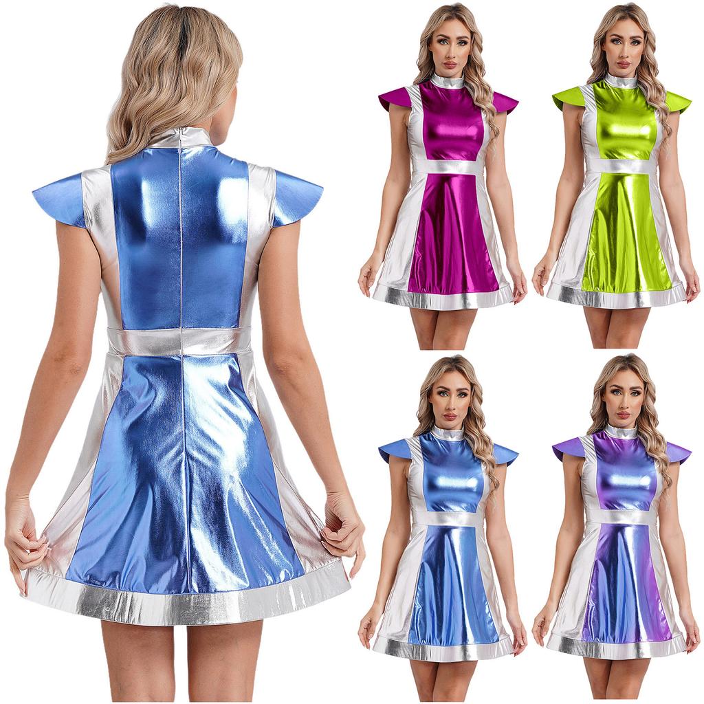 Womens Space Fighter Costume Mock Neck Cap Sleeve Metallic Shiny Contrast Dress Alien Dressup