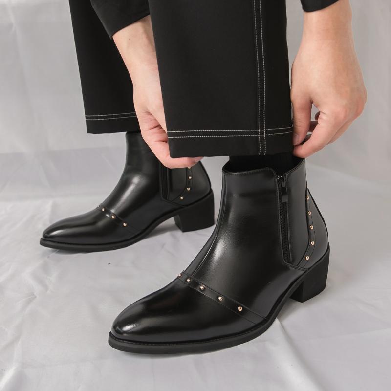Men’s Short Boots Elevator Chelsea Boots Retro Tuxedo Ankle Boots Pointed Toe Retro Black Heel Boots Large Size