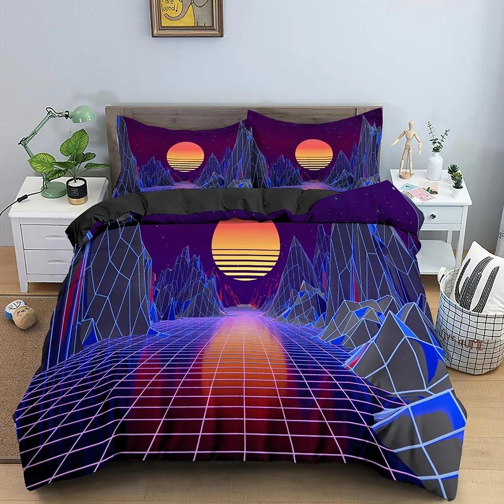 Retro Bedding Set Abstract Duvet Cover Set Waves And Sunset Pattern Comforter Cover With Pillowcase King Queen Home Textiles