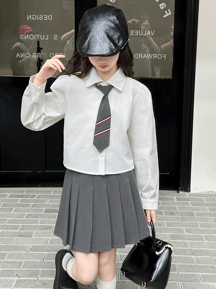 Girls' Autumn Preppy JK Shirt, Pleated Skirt, and Cardigan Set